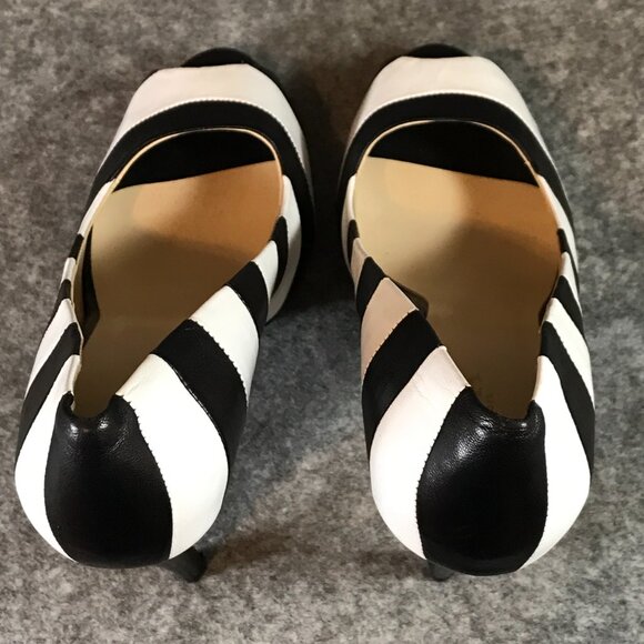 Sasha New York Leather Black and White Stripes Heel Peep Toe Shoes - Picture 8 of 12